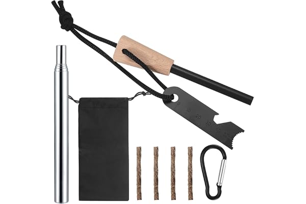 Pierre à Feu Kit, Allume-feu en Acier Silex, Silex de Survie, Briquet à Silex avec Manche en Bois, pour Camping, Extérieur, Survie