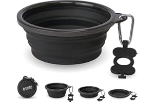 Bonza Large Collapsible Dog Bowl 1000 mL, Sturdy Reinforced Rim, Includes Carabiner & Water Bottle Holder Keychain, Black