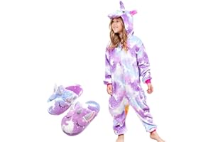 PIEFRY Soft Unicorn Onesie Pyjama with Unicorn Slippers for Girls