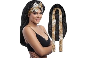 ‎MBJERRY MBJERRY Satin Bonnet Lange Seidenhaarhaube zum Schlafen - Verstellbare Satin Haarhaube für Die Nacht Atmungsaktive Schlafhaube Seide für Damen(Schwarz)