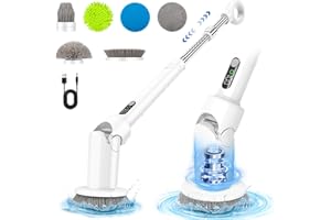 SKEUFY Electric Spin Scrubber, 2024 Cordless Power Scrubber with 6 Replaceable Brush Heads and Adjustable Extension Handle, Electric Ceaning Brush with 2 Speeds for Bathroom,Kitchen,Car,Tile,Wall,Floor