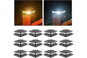 VOLISUN Solar Post Cap Lights: 12 - Pack Outdoor Post Light for White/Black 4x4 Vinyl Fence Deck - Dock 4x4/6x6 Wooden Post 2 Color Modes Waterproof Warm White