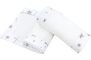 TupTam Gitterstäbe Schutz Netz Babybett Nestchen 3D Mesh 2 Pack, Farbe: Große Sterne Grau/Weiß, Größe: ca. 128 x 30 cm (für Babybett 140x70)