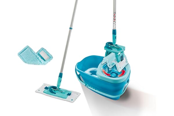 Leifheit Set Clean Twist M Ergo avec housses micro duo et static plus,lave-sol avec molleton, seau essoreur, balai à plat essorage facile, balai serpillère manche télescopique,kit de lavage tous sols