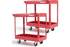 Arebos Lot de 2 Chariots d’Atelier | Chariot à Outils avec 2 Étagères | Structure Robuste en Acier | Capacité Jusqu’à 100 kg | Chariot Mobile pour Atelier, Garage et Bricolage