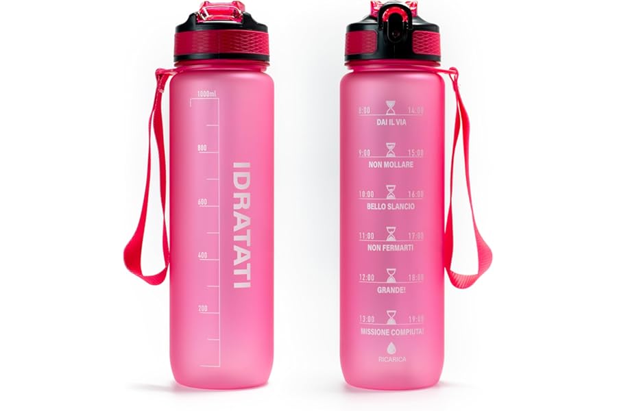 GIXZON Motivational Water Bottle 1L in Tritan BPA Free with Italian Phrases and Times, Straw and Safety Cap, Perfect for Sports, Gym, Yoga and School