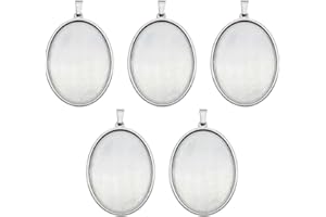 Julie Wang Pack of (x5) Silver Stainless Steel Base Settings Oval Shaped Inner 40x30mm Blank Bezel Frames Fit Cameo Cabochons Images Pictures Pendant Trays Jewellery Making Accessories