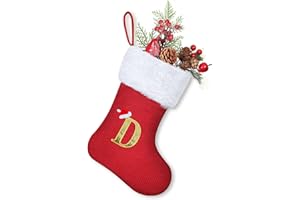 Homemari Personalisierte Weihnachtsstrümpfe mit Buchstaben 30 cm Bestickter Nikolausstrumpf Christmas Stockings Weißem Plüschbündchen Kamin hängende Ornamente Geschenkhalter für Weihnachtsbaum D