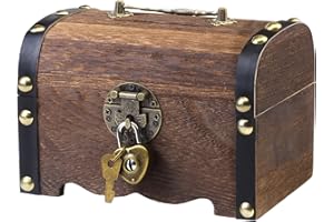 POFIBO Cofre del tesoro de madera vintage, Caja del tesoro pequeña con cerradura, Cofre del tesoro de madera pequeño para cumpleaños infantiles, Búsqueda de tesoros, Decoración de temática piratas