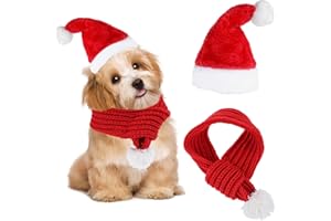 APAUSVCM Christmas Dog Santa Hat and Scarf Set, Adjustable Santa Hat for Dog Red Knit Scarf with White Pompom Ball Doggy Winter Warmer Hats Scarves Costume Set for Cats and Small Dogs(53cm/20.9in)