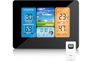 ONEVER Estación meteorológica inalámbrica con predicción digital de colores con alerta y temperatura/humedad/barómetro/alarma/reloj lunar/tiempo con sensor exterior(Negro)