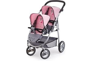 Bayer Design 26508AA Wózek bliźniaczy dla lalek, nowoczesny, rączka z regulacją wysokości, składany, szary, różowy, z wróżką