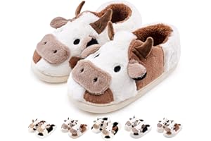 Exceligen Cow Slippers for Women and Men Fuzzy Cute Animal Slippers Winter Warm Cozy House Ladies Slippers Soft Thick Sole Novelty Shoes Fluffy Home Sliders for Girls and Boy