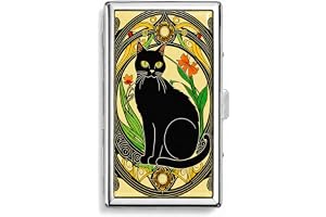 Cuxawamiyo vintage art deco design katt metall cigarettfodral | Metallfodral för cigaretter, kort och kontanter, vintage svart kattmönster för vardag och resor