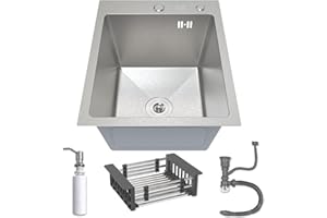 ANW HOME Fregadero de cocina 40x50 cm con sifón, escurridor de cestillo y dispensador de jabón de 350 ml, fregadero de cocina de acero inoxidable 304 con 2 agujeros para grifo