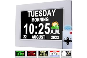 Véfaîî Newest, Dementia Clock 2.0 with Auto DST, 20 Custom Reminders, Day Clock with Sun/Moon icons for Elderly, Sleep Trainer, 7" with Remote & HD Picture Frame