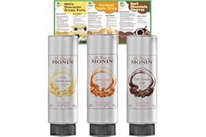 Go2 Groceries Bundle Monin Premium Chocolate Flavoured Dessert Topping Sauces (3 x 500 ml) La Sauce De Monin White, Dark, Caramel with Recipe Cards