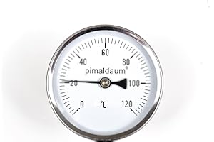PIMALDAUM® Termómetro bimetálico 0-120 °C, diámetro 63 mm, con manguito de inmersión 11 mm x 40 mm, conector trasero de 1/2"