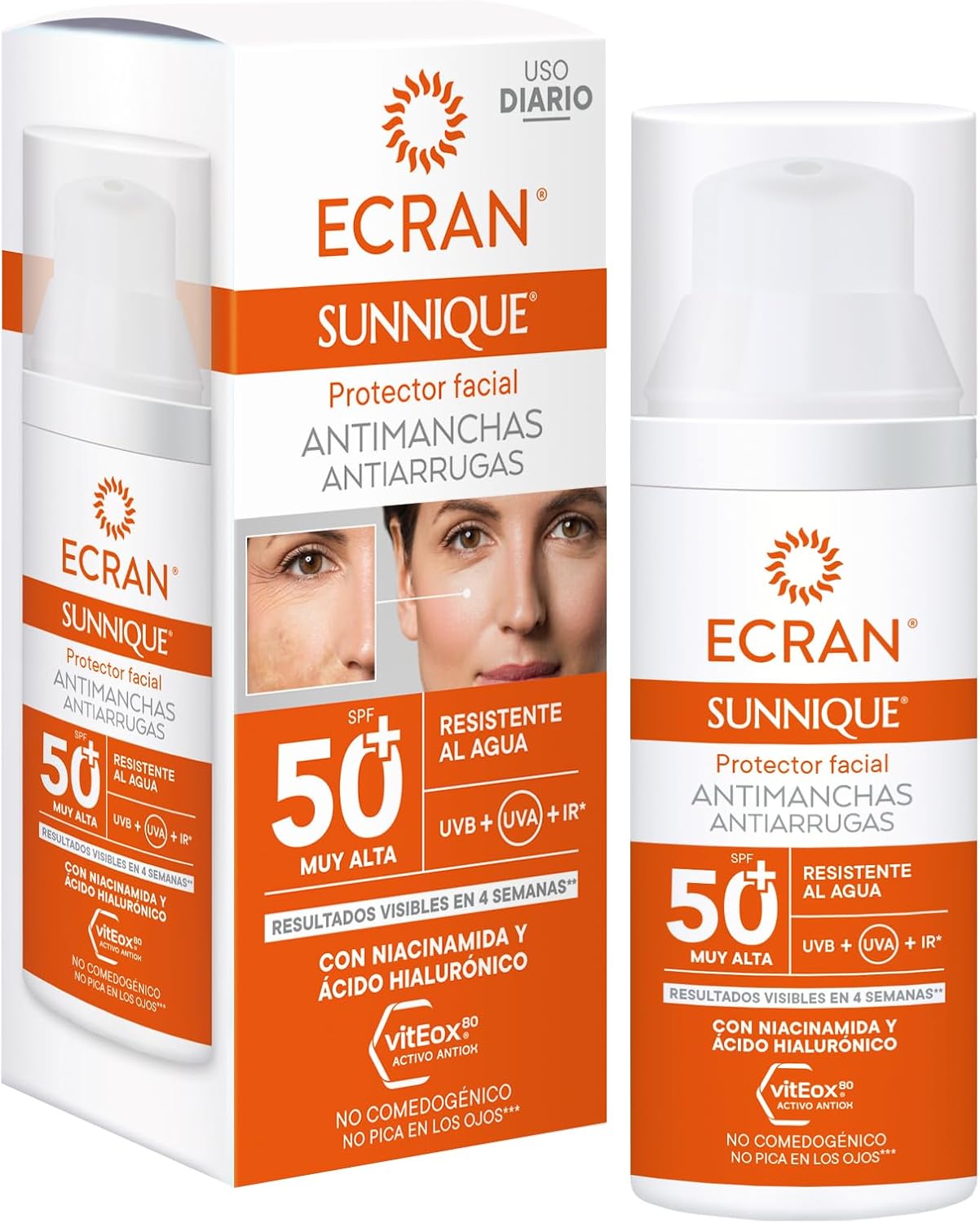 ECRAN SUNNIQUE – Protector Facial Antimanchas Antiarrugas SPF 50+ con Niacinamida y Ácido Hialuronico, Despigmenta y Unifica el Tono, Fórmula con VitEox80 - 50 ml