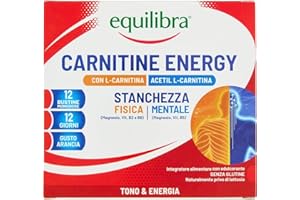 Equilibra, Carnitina, con L-Carnitina e Acetil L-Carnitina, 200mg, Integratore Energizzante, Stanchezza Fisica e Mentale, Magnesio Organico, Vitamine Gruppo B, Gusto Arancia, Senza Glutine, 12 Bustine