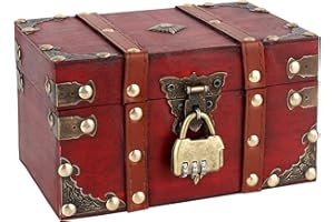 FENGQ Drewniana skrzynia na skarby w stylu vintage, z zamkiem, drewniana skrzynia na skarby z zamkiem szyfrowym, nadaje się do przechowywania i dekoracji, 18 x 11,5 x 10,5 cm