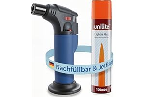 UNILITE Feuerzeug MIT Gas – Sturmfeuerzeug Gas Brenner mit Jet Flamme – nachfüllbar – 100 ml Nachfüllgas im Set – Jetflame – Nachfüller – Elektronik Feuerzeug – In 4 Farben erhältlich (Blau)