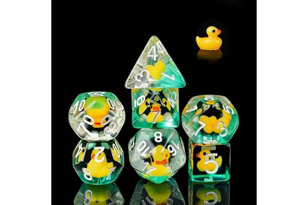 Cusdie Set med 7 tärningar, D&D-tärningar, set med polyedriska tärningar fyllda med djur, tärningsset med djur, för rollspel, spelet Dungeons & Dragons, MTG Pathfinder (gul anka)