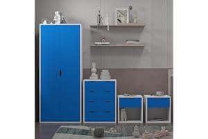 AFN Home Delvito 4 Piece Bedroom Furniture Set - Includes Wardrobe, 5 Drawer Chest, Bedside Cabinet (Blue on White)