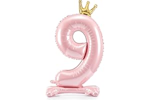Folienballon 9. Geburtstag XXL Ballon 9 Hellrosa mit Standfuß selbststehend Ballon 9 Geburtstag Mädchen Kindergeburtstag Luftballon Zahl 9 Rosa mit goldener Krone, 84cm