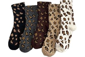 Muorruo 5 pares de calcetines térmicos para mujer, calcetines cómodos de algodón con estampado de leopardo, cálidos y neutrales para mujer, calcetines para el día a día, hogar, senderismo