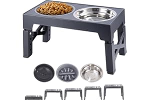 Toaren Gamelle pour chien réglable en hauteur, surélevée avec 5 hauteurs, avec gamelle d'eau anti-fuite, gamelles pour chien, gamelles en acier inoxydable, pour chiens de grande taille (gris)