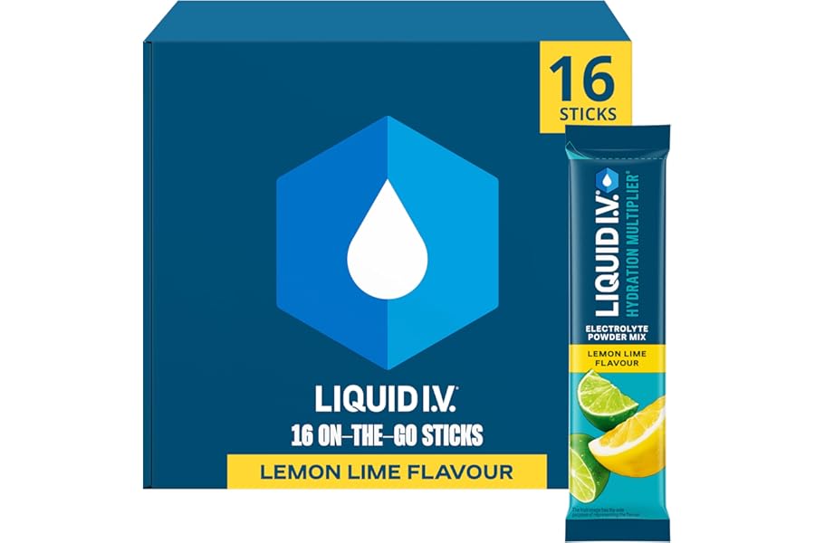 Liquid I.V. Hydration Multiplier Electrolyte Powder Mix, Lemon Lime Flavour, Electrolytes with 7 Vitamins & Minerals for Fast Hydration & Energy, Vegan and Gluten Free, 16 Sachet Sticks