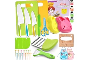 WUSBOO Votoko 42 Pezzi Coltelli da Cucina per Bambini, Coltello da Cucina per Tagliare Frutta e Verdura, Set di Montessori Coltello con Grembiule da Cucina, Tagliere per Adatto a Più Bambini