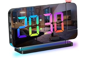 ThreeH Digital Rainbow Despertador Reloj de Proyección Gran Pantalla LED Espejo Colorida Luz de Noche Dos Puertos USB de Carga Función Snooze Atenuación Volumen Ajustable Negro