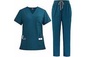 Meichoon Zestaw peelingów dla kobiet, zestaw mundurów medycznych z dekoltem w serek, krótki rękaw, spodnie z prostymi nogawkami, 8 kieszeni, elastyczny sznurek, odprowadzający wilgoć DK77