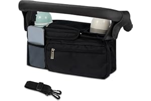 JETCLOUD Baby Stroller Organizer with 2 Cup Holder Waterproof Oxford Pram Caddy Bag with Detachable Phone Pocket Adjustable Shoulder Strap Pushchair Organiser Portable for Stroller Travel Accessories(Black)