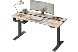 VASAGLE Escritorio Regulable en Altura, Mesa Regulable, Enchufe y Cajón, 60 x 140 cm de Superficie, Ajuste Continuo, 4 Funciones de Memoria de Altura, Gris y Negro LSD114H01