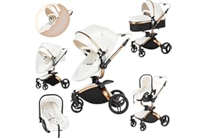 Prokoke Poussette 3 en 1, Poussette en Cuir avec Siège Réglable avec Rotation à 360°, Pousette 3 en 1 avec Alliage d'aluminium à Cadre, Poussette Canne avec Conception Pliable en Un Clic (906 White)