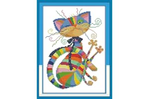Stitchmelody Stamped Cross Stitch Kits,11CT Printed Pattern Embroidery Kit DIY Home Decor-Colorful Cat 32cm×42cm