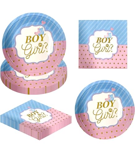 Confezione 6 Piatti In Cartoncino 23 Cm Per Gender Reveal - Scritta Boy Or Girl? Oro Rosa E Azzurro