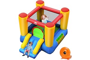 COSTWAY Casa Gonfiabile Castello per Bambini con Scivolo, Borsa di Trasporto e Compressore 300W Incluso, per Interno ed Esterno, 200 x 254 x 160 cm