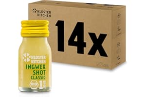 ‎KLOSTER KITCHEN Kloster Kitchen Bio Ingwer Shot Classic 1SHOT 14 x 30 ml mit echten Ingwerstückchen I Ingwershot vegan in der To Go Glasflasche I süß-scharf ohne Zusatzstoffe & mit natürlicher Süße