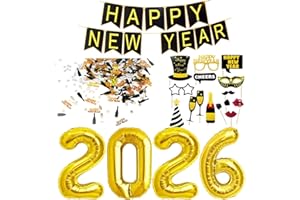 ‎JONAMI Silvester Deko 2026 Dekoration Set, Neujahr Silvesterdeko, Happy New Year Girlande + Folienballons + Fotorequisiten Masken Konfetti. Neujahrsdeko/Silvesterpartydeko Accessoire für Silvesterparty