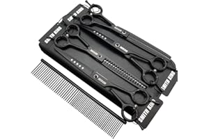 SMITH KING 7.0 Inch Professional Dog Grooming Scissors Set Straight & Thinning & Curved & Chunker & Comb 5 Pieces in 1 Set for Left-Handed & Right-Handed Users, Black