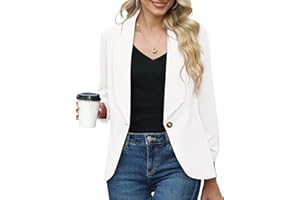 PrinStory Womens Blazer Suit Open Front Cardigan 3/4 Ruched Sleeve Casual Work Office Blazer Jacket for Ladies