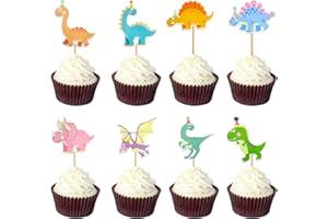 Teselife Dinosaurier Tortendeko, 32Stück Dino Cake Cupcake Toppers Jungen Mädchen Kinder Dschungeltier Dinosaurier Tier Thema Geburtstag Baby Shower Mehrfarbig Dino Cartoon Muster Muffin Kuchendeko