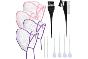 Bewudy 12 Pcs 4 Sets of Highlight Cap with Hooks, Hair Highlighting Caps, Highlight Hair Coloring Frosting Dye Kit for Salon Hair Dyeing Hairdressing (Purple+Pink)