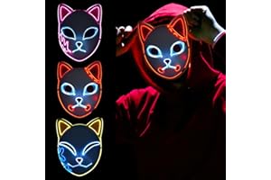 SINSEN Masque Demon Slayer Renard LED Cosplay Chat Masque Anime Japonais Accessoires de Costume Halloween pour enfants et adultes