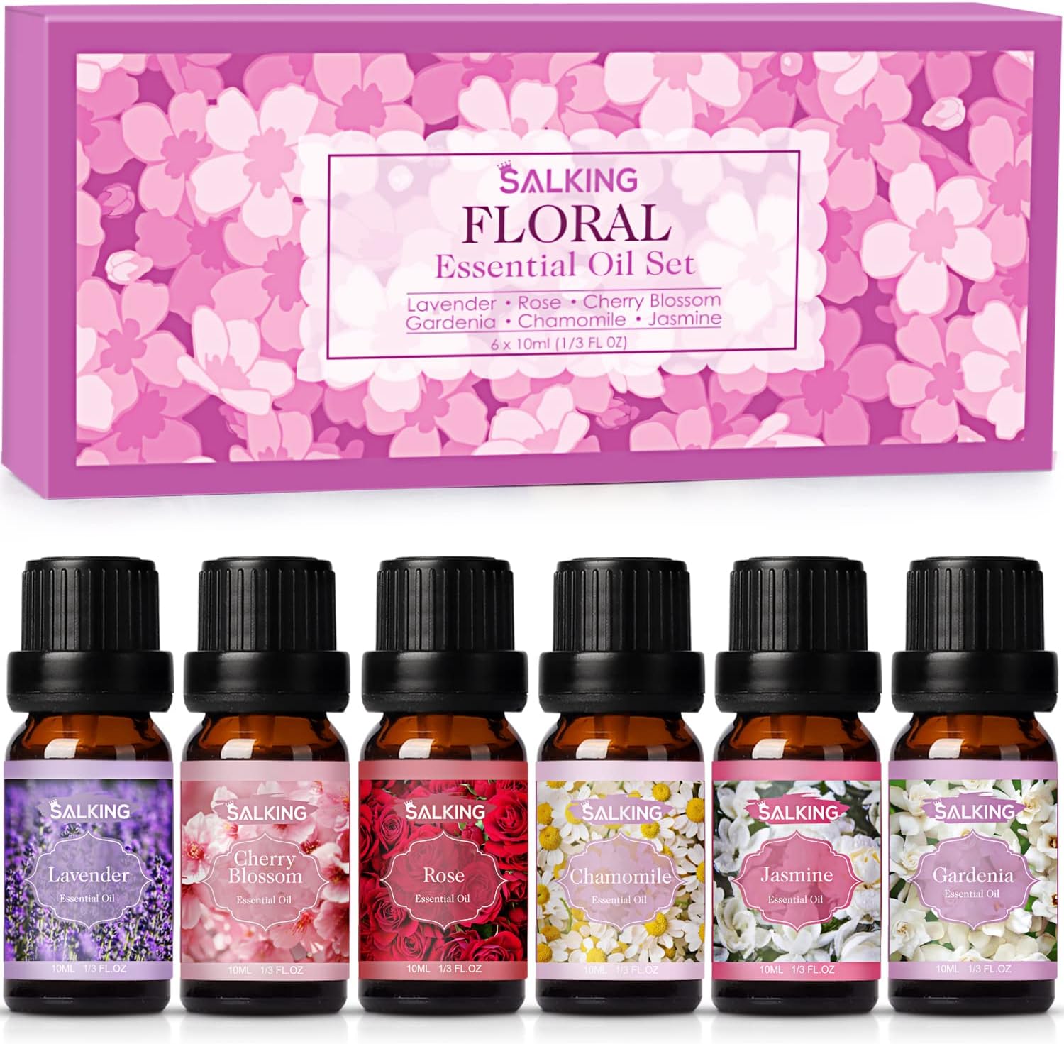 SALKING Flores Aceites Esenciales para Humidificador Difusor 6 x 10 ml,100% Puro Aceites Esenciales Naturales Aceite Perfumado - Lavanda,Rosa, Jazmín, Gardenia, Manzanilla, Flor de cerezo