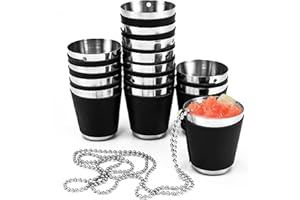 SLTAXAR 14 Pezzi Bicchieri in Acciaio Inox 30ML con Custodia in Pelle Bicchierini in Acciaio Inossidabile con Catenella 80cm Metallo Bicchieri Tazza Mini per Campeggio